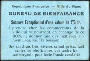 Bon de n�cessit� de 5 francs - Bureau de Bienfaisance du Mans (Sarthe - d�partement 72) - face