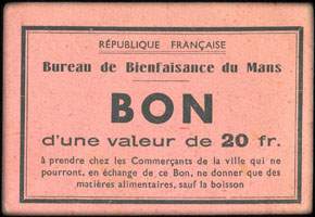 Bon de n�cessit� de 20 francs - Bureau de Bienfaisance du Mans (Sarthe - d�partement 72) - face