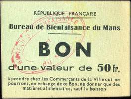 Bon de nécessité de 50 francs - Bureau de Bienfaisance du Mans (Sarthe - département 72) - face
