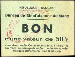 Bon de n�cessit� de 50 francs - Bureau de Bienfaisance du Mans (Sarthe - d�partement 72) - face