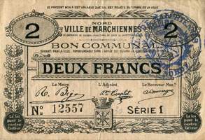Bon de 2 francs - s�rie 1 - Ville de Marchiennes - D�lib�ration du Conseil Municipal<br>du 24 octobre 1915