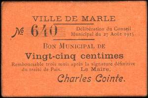 Bon municipal de vingt-cinq centimes - Ville de Marle - Délibération du Conseil Municipal du 27 août 1915 - face
