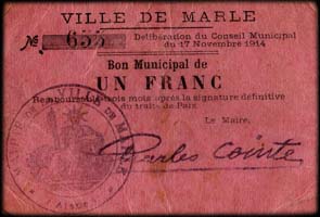 Bon de 1 franc - Ville de Marle - Délibération du Conseil Municipal du 17 novembre 1914 - face