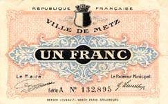 Bon de 1 franc - 27 d�cembre 1918 - Ville de Metz - face