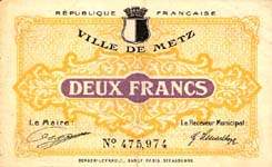 Bon de 2 francs - 27 d�cembre 1918 - Ville de Metz - face