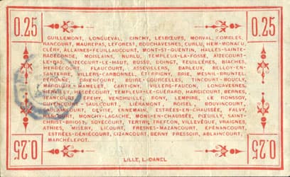 Bon de Guerre de la R�gion de P�ronne comprenant 83 communes - Emis selon d�lib�ration en date du 2 Septembre 1915 - Vingt-cinq centimes / 25&nbsp;centimes n� 111743 - dos