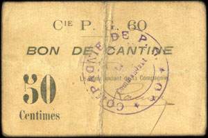 Prisonniers de Guerre - Cie P. G. 60 - Bon de Cantine - 50 centimes - face