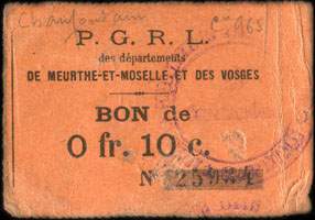 Prisonniers de Guerre - P. G. R. L. des d�partements de Meurthe-et-Moselle et des Vosges - Bon de 10 centimes - face
