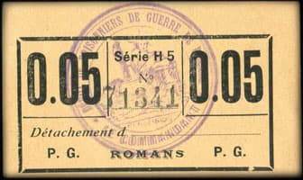 D�p�t de Prisonniers de Guerre de Romans - 0,05 (franc) - S�rie H 5 - n� 71341 - Avec cachet du Commandant au verso (cachet&nbsp;violet&nbsp;type&nbsp;2) - face