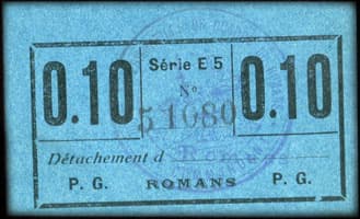 D�p�t de Prisonniers de Guerre de Romans - 0,10 (franc) - S�rie E 5 - n� 51080 - Avec cachet du Commandant au verso (cachet&nbsp;bleu&nbsp;type&nbsp;2) - face