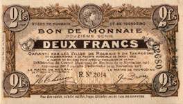 Billet des villes de Roubaix et de Tourcoing - 2 francs - Douzi�me s�rie - n�2014 - avers
