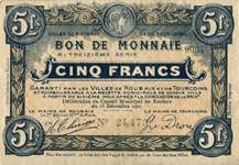 Billet des villes de Roubaix et de Tourcoing - 5 francs - Treizi�me s�rie - n�24,473 - avers