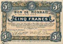 Billet des villes de Roubaix et de Tourcoing - 5 francs - Treizi�me s�rie - n�29,254 - avers