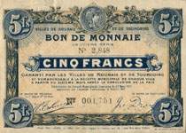 Billet des villes de Roubaix et de Tourcoing - 5 francs - Neuvi�me s�rie - n�001,751 - avers
