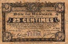 Billet des villes de Roubaix et de Tourcoing - 25 centimes - Neuvi�me s�rie - n�11398 - avers