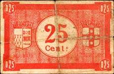 Billet des villes de Roubaix et de Tourcoing - 25 centimes - s�rie BV 25 - n�12084 - revers