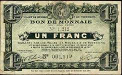 Billet des villes de Roubaix et de Tourcoing - 1 franc - Septi�me s�rie - n�001,119 - avers