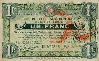 Billet des villes de Roubaix et de Tourcoing - 1 franc - onzi�me s�rie - n�1536 - avers