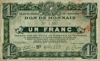 Billet des villes de Roubaix et de Tourcoing - 1 franc - Septi�me s�rie - n�000,222 - avers