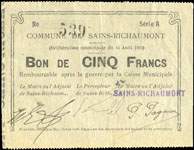 Bon de CINQ Francs - Délibération Municipale du 15 Août 1915 - Commune de Sains-Richaumont (Aisne - 02) - face