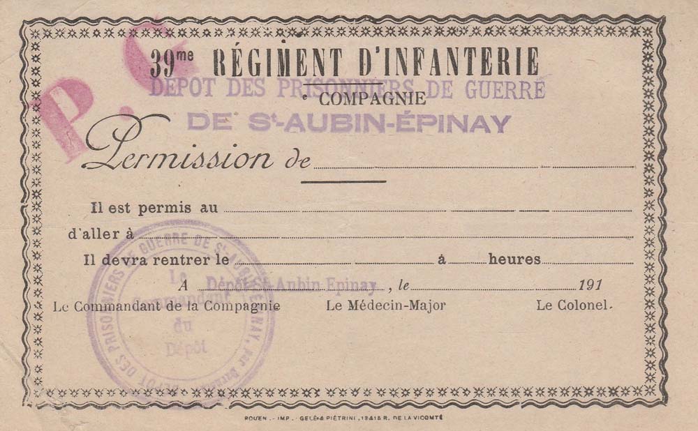 39e R�giment d'Infanterie - D�p�t des Prisonniers de Guerre de Saint-Aubin-Epinay - Permission vierge