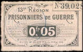 Bon de n�cessit� de la 13e R�gion - Prisonniers de Guerre - Cre Mlle N� 38 823 P. G. du 15 Mai 1916 - n� 39,028 - 0,05 franc - face