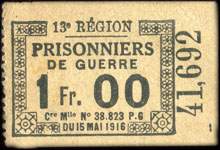Bon de n�cessit� de la 13e R�gion - Prisonniers de Guerre - Cre Mlle N� 38 823 P. G. du 15 Mai 1916 - n� 41,692 - 1 franc (sans talon) - face