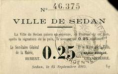 Bon de 25 centimes - Ville de Sedan - 15 septembre 1915 - n°46,375 - face