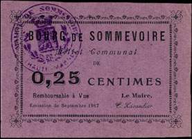 Bourg de Sommevoire (Haute-Marne - département 52) - Billet Communal de 25 centimes - Emission de Septembre 1917 - face