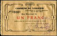 Bon Municipal de un franc - Commune du Verguier - D�lib�ration du Conseil Municipal du 14 juin 1915 - face