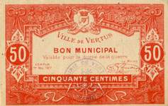 Bon Municipal - 1er mai 1917 - 50 centimes - Ville de Vertus (Marne - département 51) - face