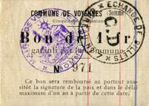 Bon de 1 franc n° 971 - Commune de Voyennes - Cinquième émission - face