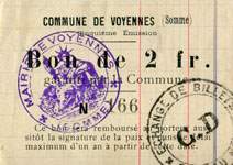 Bon de 2 francs n° 166 - Commune de Voyennes - Cinquième émission - face