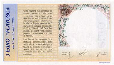Billet de 3 euro 1996 - Ville de Flayosc - Semaine européenne - dos