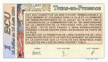 Billet de 1 Ecu Trans-en-Provence - 50e Anniversaire de la Lib�ration de la Provence - dos