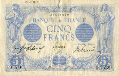 Billet de 5 francs BLEU - Du 2 janvier 1912 au 2 fvrier 1917 - face