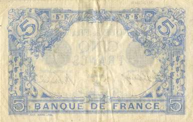 Billet de 5 francs BLEU - Du 2 janvier 1912 au 2 fvrier 1917 - dos