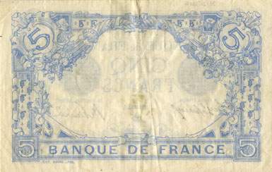 Billet de 5 francs BLEU - Du 2 janvier 1912 au 2 f�vrier 1917 - dos