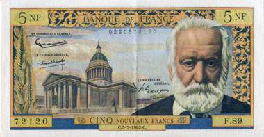 Billet de 5 francs VICTOR HUGO - Du 5 mars 1959 au 5 novembre 1965 - face