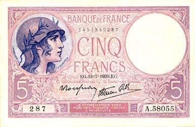 Billet de 5 francs VIOLET modifi� - Du 13 juillet 1939 au 9 janvier 1941 - face