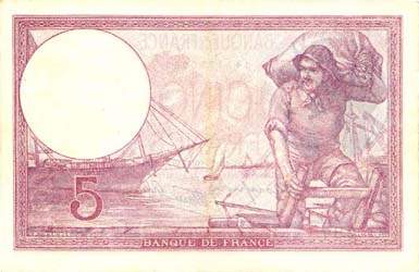 Billet de 5 francs VIOLET modifi� - Du 13 juillet 1939 au 9 janvier 1941 - dos