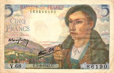 Billet de 5 francs BERGER - Du 2 juin 1943 au 30 octobre 1947 - face