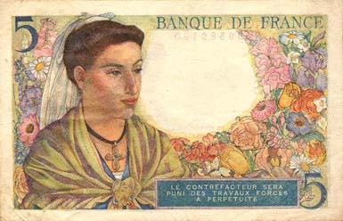 Billet de 5 francs BERGER - Du 2 juin 1943 au 30 octobre 1947 - dos