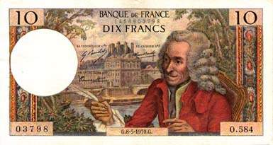Billet de 10 francs VOLTAIRE - Du 4 janvier 1963 au 6 d�cembre 1973 - face