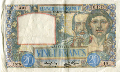Billet de 20 francs SCIENCE ET TRAVAIL - Du 7 d�cembre 1939 au 8 janvier 1942 - face