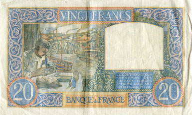 Billet de 20 francs SCIENCE ET TRAVAIL - Du 7 d�cembre 1939 au 8 janvier 1942 - dos
