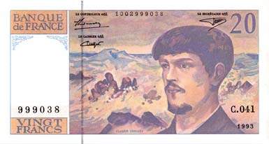 Billet de 20 francs DEBUSSY � fil de s�curit� - De 1990 � 1993 - face