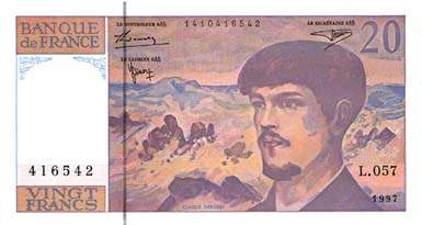 Billet de 20 francs DEBUSSY modifi� - De 1995 � 1997 - face