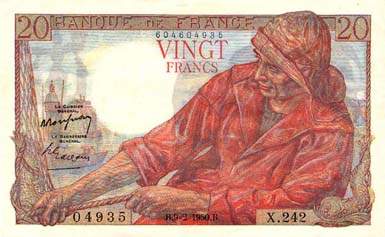 Billet de 20 francs PECHEUR - Du 12 f�vrier 1942 au 9 f�vrier 1950 - face