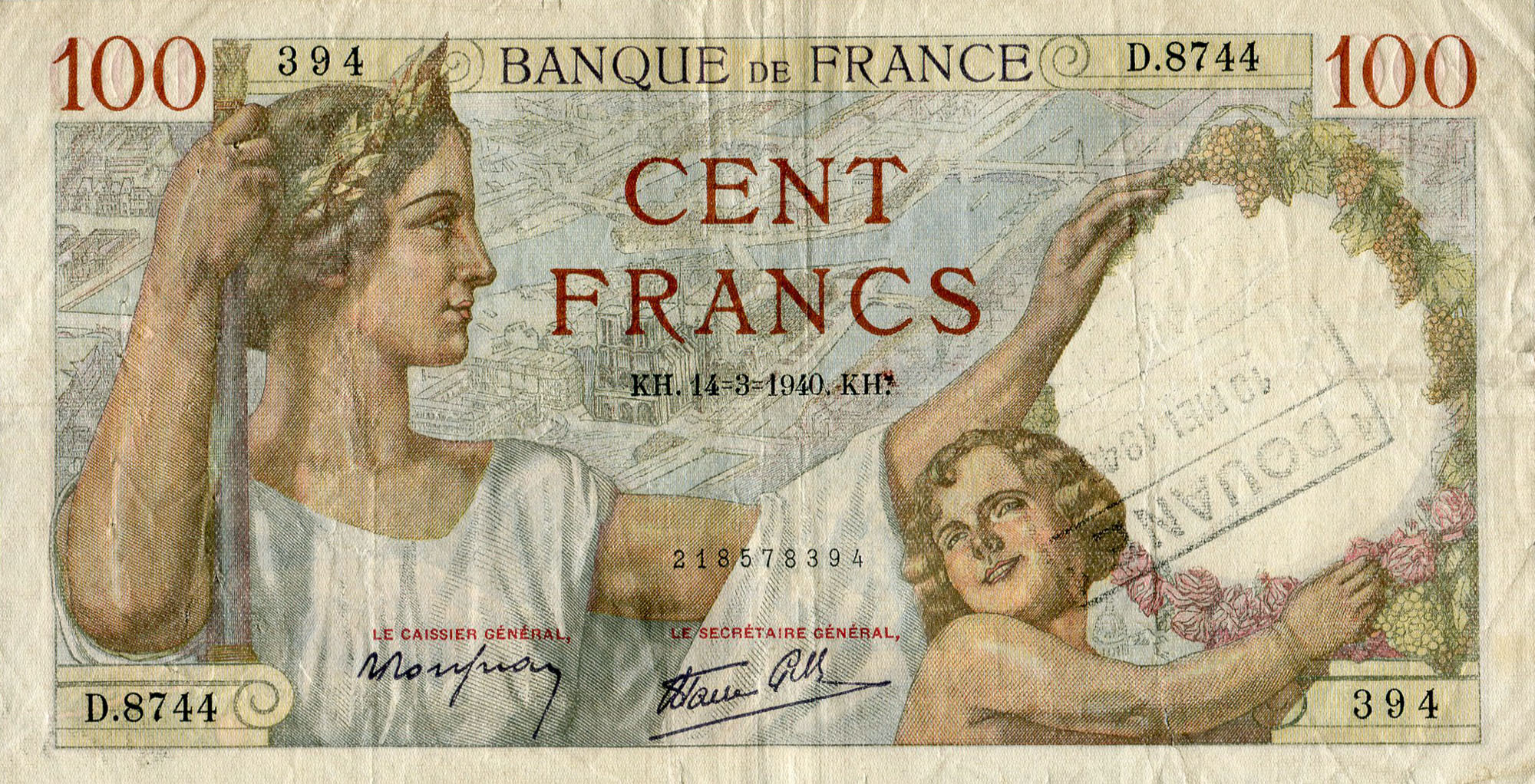 Billet de 100 francs SULLY daté 14-3-1940 avec cachet Douane 10 mei 1943 - face